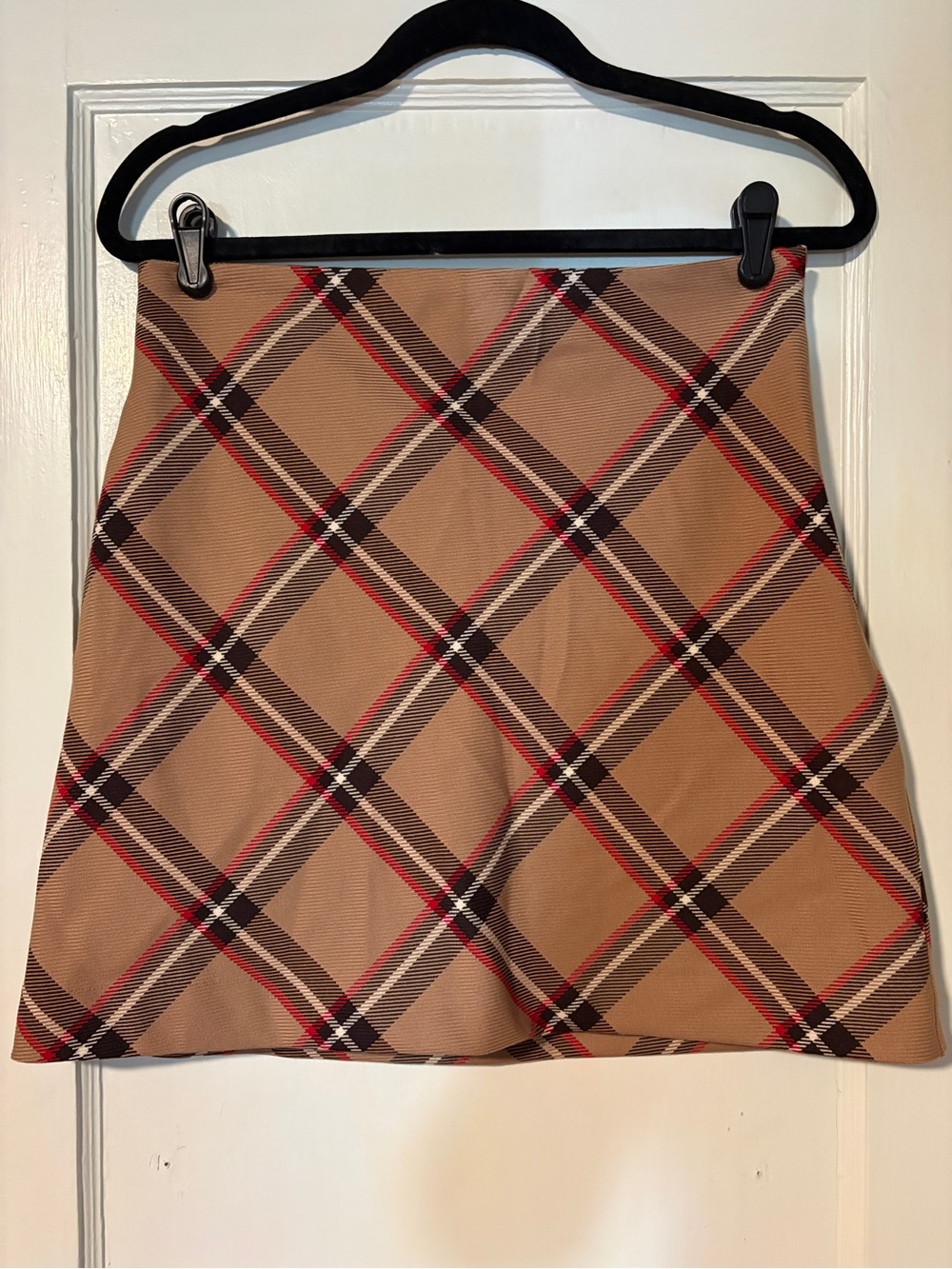H&M Tan Plaid Mini Skirt with Red and Dark Brown Stripes